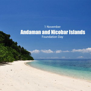 Scenic view of a beach in Andaman and Nicobar Islands with text commemorating Foundation Day