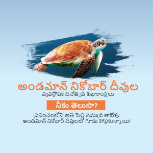 Image of a sea turtle swimming with text in Telugu about the Andaman Nicobar Islands.