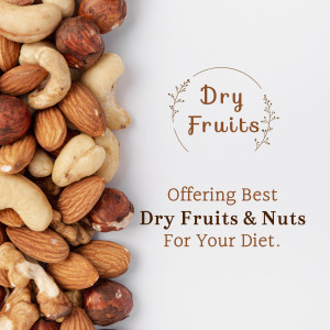A pile of mixed dry fruits and nuts with text overlay 'Dry Fruits - Offering Best Dry Fruits & Nuts For Your Diet'.
