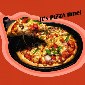 A close-up of a pizza slice being pulled from a whole pizza, showcasing melted cheese and colorful toppings.