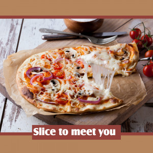 Close-up of a freshly baked pizza slice with melted cheese and toppings