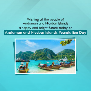 Scenic view of Andaman and Nicobar Islands with boats and a message wishing a happy Foundation Day.