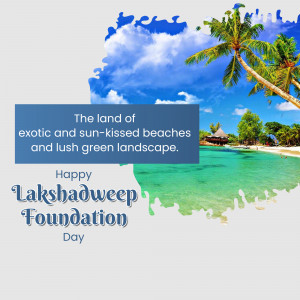 Scenic beach view with text celebrating Lakshadweep Foundation Day