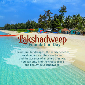 Scenic beach view of Lakshadweep with text overlay celebrating Foundation Day
