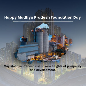 Madhya Pradesh Foundation Day celebration with cityscape and industrial imagery.