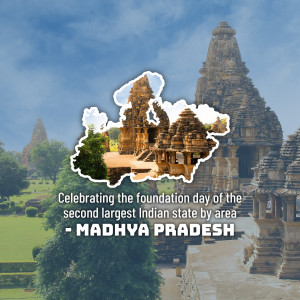 Image depicting Khajuraho temples and a map of Madhya Pradesh celebrating the state's foundation day.