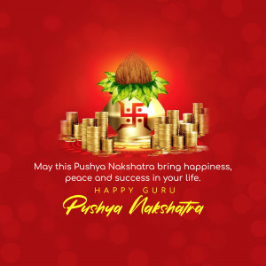 Image depicting a coconut, betel leaves, and coins with a Swastika symbol, celebrating Pushya Nakshatra and Guru.