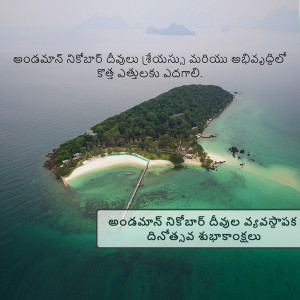 Aerial view of a tropical island in the Andaman and Nicobar Islands with turquoise water and lush greenery.
