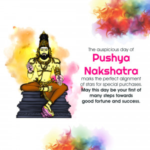 Illustration of a deity with text celebrating Pushya Nakshatra