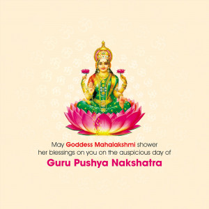 Image of Goddess Mahalakshmi on a lotus flower with text wishing blessings on Guru Pushya Nakshatra