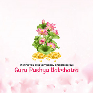 Image depicting pink lotus flowers and gold coins with text 'Guru Pushya Nakshatra' for festive greetings.