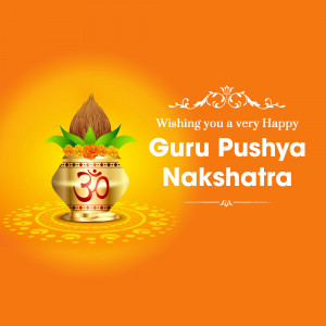 Image depicting a traditional pot with Om symbol and decorations for Guru Pushya Nakshatra festival.