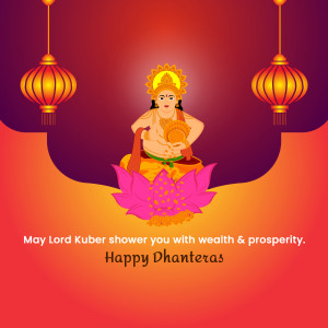 Illustration of Lord Kuber with lanterns and lotus flower for Dhanteras