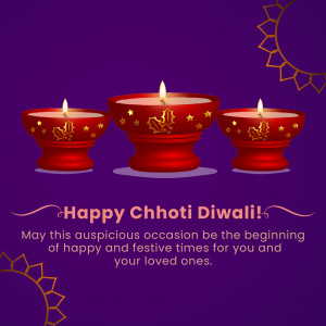 Three lit diya lamps with a festive greeting for Chhoti Diwali