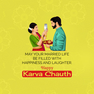 Illustration of a couple celebrating Karva Chauth
