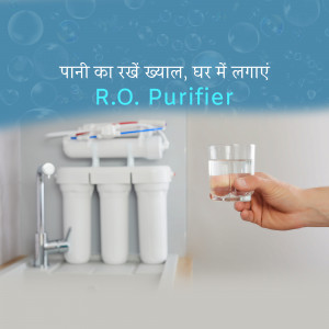 Image of an R.O. water purifier installed in a kitchen with a glass of water.