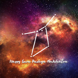Image depicting the Pushya Nakshatra constellation against a colorful nebula background with text 'Happy Guru Pushya Nakshatra'