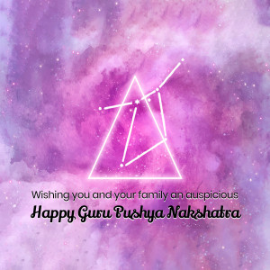 Image depicting a constellation within a triangle on a pink and purple cosmic background with text wishing a happy Guru Pushya Nakshatra.