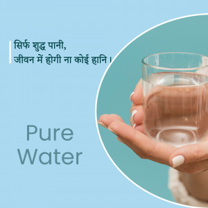 A hand holding a glass of water with text promoting pure water for a healthy life.