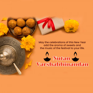 Indian sweets, flowers, and a gift box with a New Year greeting.