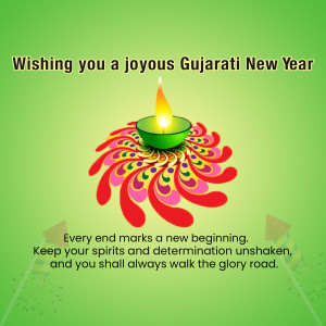 Image depicting a lit diya with a colorful floral background and text wishing a joyous Gujarati New Year.