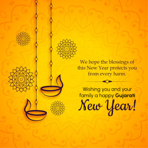 Decorative image with oil lamps and floral patterns wishing a Happy Gujarati New Year