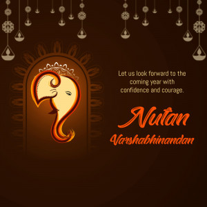 Illustration of Lord Ganesha with 'Nutan Varshabhimandan' text for New Year greetings.