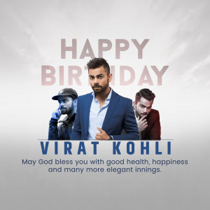Birthday greeting for Virat Kohli featuring multiple images of him.