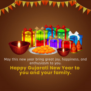 Gujarati New Year greeting with gifts and sweets