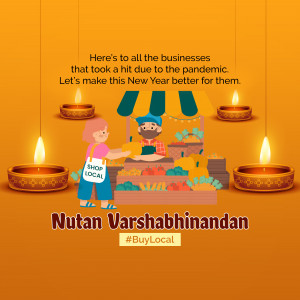 Illustration of a small market stall with a customer and vendor, with lit lamps, and text wishing a Happy New Year and encouraging to buy local.