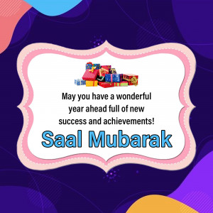 Saal Mubarak greeting with colorful building blocks and festive design.