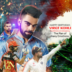 A collage celebrating Virat Kohli's birthday with multiple images of the cricketer.