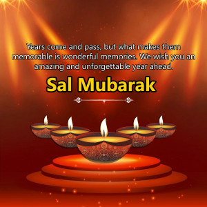 Sal Mubarak greeting with lit diyas and festive background