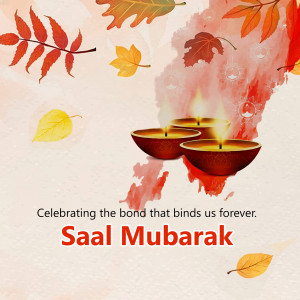 Diwali themed image with candles and autumn leaves, wishing 'Saal Mubarak'