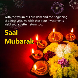 Diya lamps and flowers with text 'Saal Mubarak' and New Year wishes.