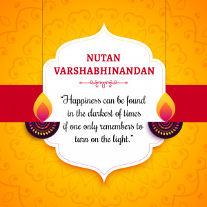 Nutan Varshabhinandan greeting with diya lamps and inspirational quote