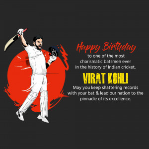 Illustration of Virat Kohli celebrating with a cricket bat and ball, with a birthday message.