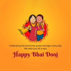 Illustration of a brother and sister celebrating Bhai Dooj with gifts and a traditional thali.