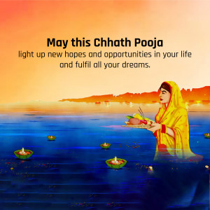 A woman offering prayers during Chhath Puja with floating lamps in the background.