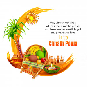 Illustration of Chhath Puja offerings with sun and traditional elements