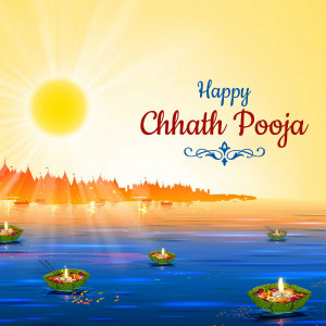 Chhath Puja celebration with sun, river, and offerings