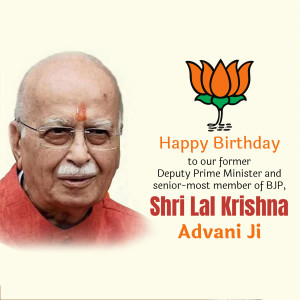 Image of Lal Krishna Advani with BJP logo and birthday greetings