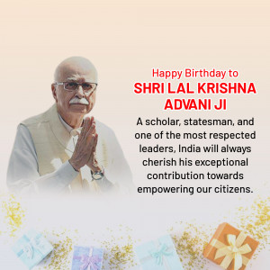Portrait of Shri Lal Krishna Advani with birthday wishes and gifts