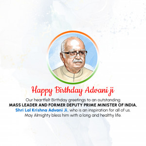 Portrait of L.K. Advani with Indian flag colors and birthday greetings