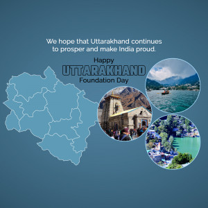 Uttarakhand Foundation Day celebration graphic with map and landmarks