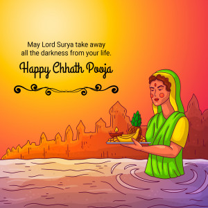 Chhath Puja illustration with a woman offering prayers to the Sun God