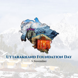 Image depicting the outline of Uttarakhand state with a temple inside, celebrating Foundation Day.