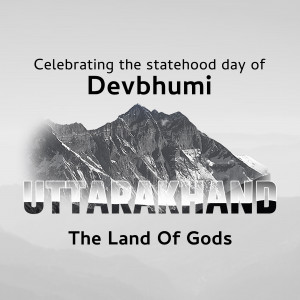 Image celebrating the statehood day of Uttarakhand with a mountain backdrop.