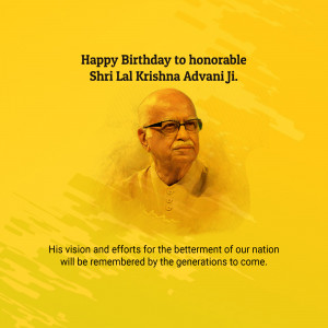 Portrait of Shri Lal Krishna Advani Ji with a yellow background and birthday wishes.