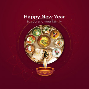 A festive New Year image featuring a traditional Indian Thali with various dishes and a lit diya.